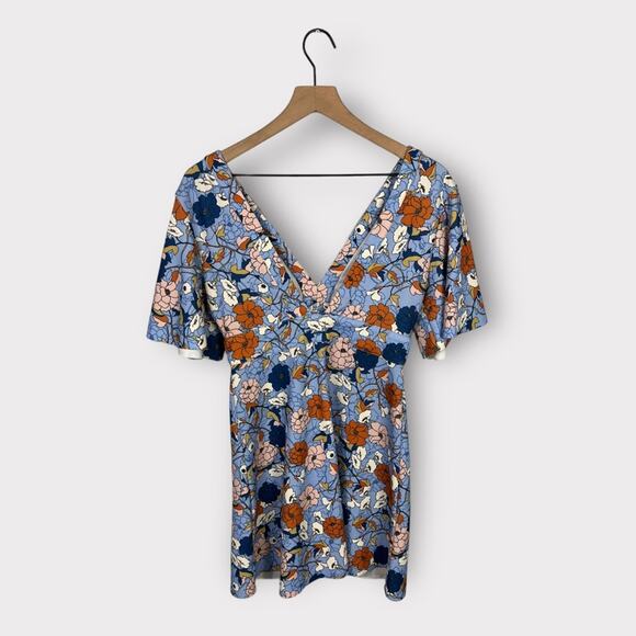 Zara 70's Retro Blue Floral Bell Sleeve Deep V-Neck Mini Dress Medium - Picture 3 of 5